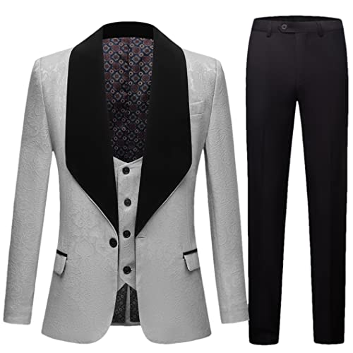 Herren-Hochzeitsanzüge, weißer Jacquard mit schwarzem Kragen, Smoking, 3-teilig, Grau, US 40 m