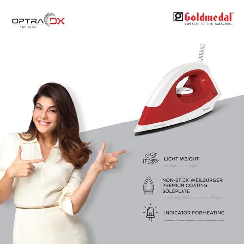 Image of Goldmedal Optra DX 1000W Dry Iron| Non-stick Weilburger Premium Coated Soleplate | iron for clothes | 5 Fabric Setting| Thermal Safety | Shock-Proof Body | Uniform Heating | Light Weight (Red- White)