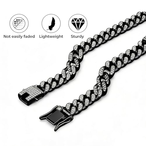 Image of Black Dog Chain Diamond Collar Walking Metal Chain Collar with Design Secure Buckle Pet Collar Jewelry Accessories Dog Necklace for Small Medium Large Dogs Cats (Black, 20inch)