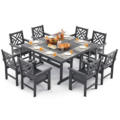 AXMOLM 10 Piece HDPE Outdoor Dining Set for 8, Patio HDPE Furniture Set with 2 Table and Umbrella Hole, Outdoor Table and Chairs for Garden, Poolside, Backyard, Deck