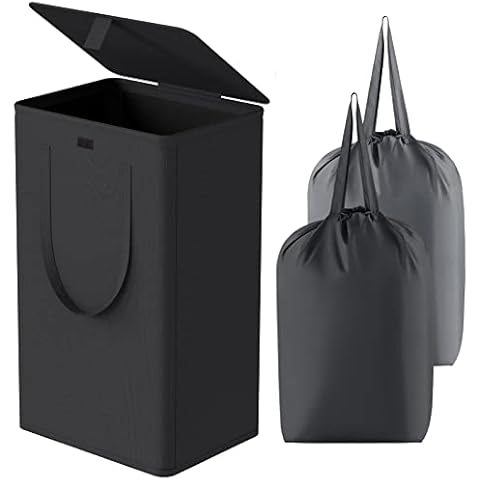 WOWLIVE 100L Laundry Hamper with Lid, Large Foldable Laundry Basket with 2 Removable Bags and Handles, Tall Collapsible Dirty Clothes Hamper for Laundry Room, Bathroom, Dorm (Black) Cover