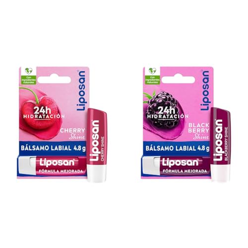 Pack Liposan Cherry Shine (1 x 4,8 g), cacao de labios con olor a cereza, bálsamo labial con color + Liposan Blackberry Shine (1 x 4,8 g), cacao de labios con olor a frambuesa
