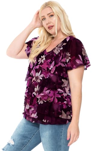 Image of LEEBE Women and Plus Size Printed Mesh Ruffle Top (Small-5X)