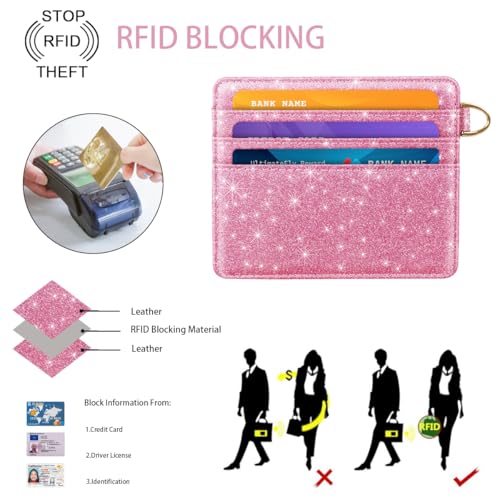 Image of Slim Minimalist Pocket Credit Card Holder Wallet Women | RFID Blocking Lightweight Thin Small Cute Card Cases, Glitter Peach