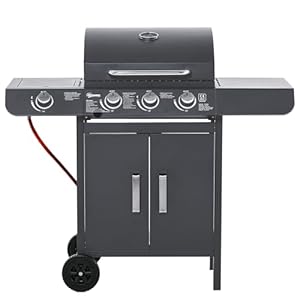 Outsunny 3+1 Burner Gas BBQ Grill, Outdoor Barbecue Trolley with Wheels, Warming Rack, Side Shelves, Cabinet, Thermometer for Garden, Party, Camping, 110L x 50W x 100Hcm, Grey