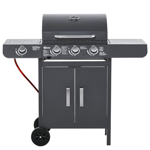 Outsunny 3+1 Burner Gas BBQ Grill Outdoor Barbecue Trolley with Wheels Warming Rack Side Shelves Cabinet Thermometer for Garden Party Camping 110L x 50W x 100Hcm Grey
