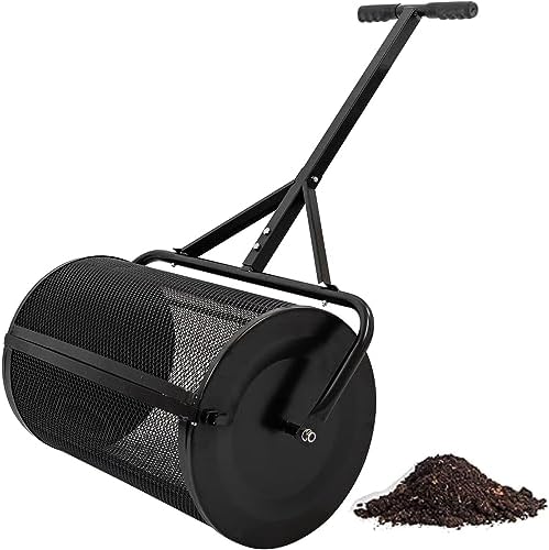 24" Lawn Roller Spreader - Lightweight Powder Coated Steel for Compost, Manure & Peat Moss - Garden Grass Feeding & Weeding Tool with T-Bar Handle, Black