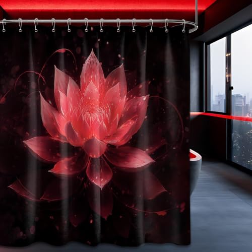 QGHOT Black and Red Extra Long Shower Curtain, Tall 72X78 in, Lotus Flower