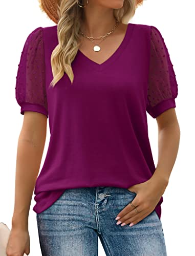 Image of Aokosor Womens Summer Tops V Neck T Shirts Swiss Dot Puff Sleeve Tops Loose Casual Tshirts