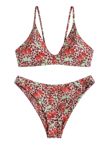 Image of ZAFUL Women's Tie Back Padded High Cut Bralette Bikini Set Two Piece Swimsuit