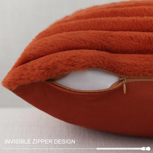 Image of Pallene Faux Fur Plush Fall Throw Pillow Covers 26x26 Set of 2, Luxury Soft Fluffy Striped Decorative Pillow Covers for Sofa, Couch, Living Room, Rust