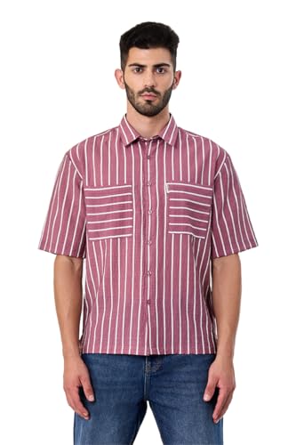 Image of SNITCH Men Casual Plus Size Shirt | Regular Fit Full Sleeve Mandarin Collar Striped Design | Premium Cotton Linen Blend & Breathable Fabric for Office & Everyday Wear