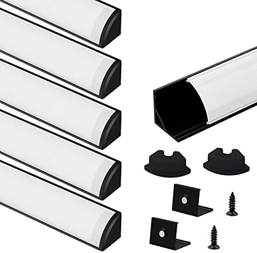 VST 6Pack 1ft Black LED Aluminum Channel with Milky White Cover V Shape 16x16mm, Led Strip light Track With End Caps and Mounting Clips Accessories, Aluminum Profile for Led Strip Lights