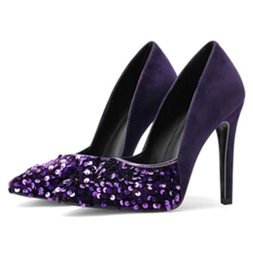 Alyaafifa High Heel Sequin Pumps for Women Closed Pointed Toe Sexy Stilettos Slip-On Suede Velvet Dress Shoes Party Wedding Prom Club Night Evening