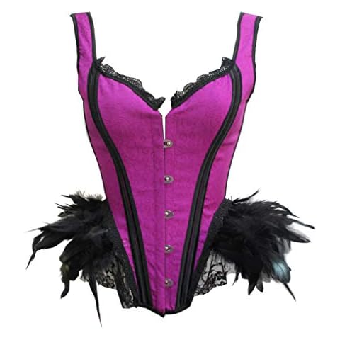 SZIVYSHI Women Gothic Vintage Steampunk Sexy Boned Lace Overbust Satin Shoulder Strap Corset Bustier Top Purple with Feather S Cover
