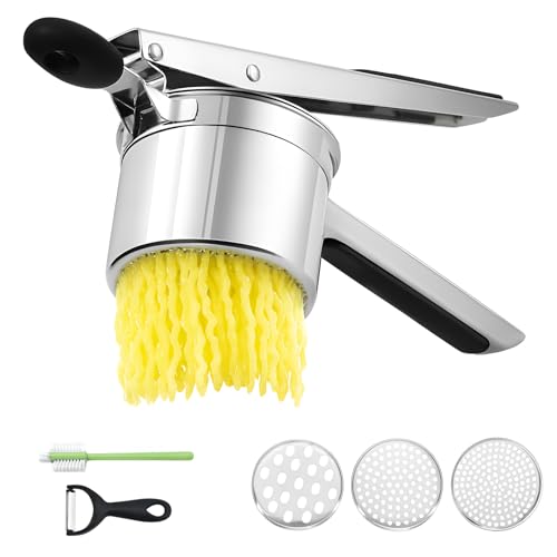 Presse-purée inox 18/10 grande capacité 450 ml, Presse pommes de terre robuste avec 3 disques interchangeables, Ustensile de cuisine pour purée lisse, spaetzle,...