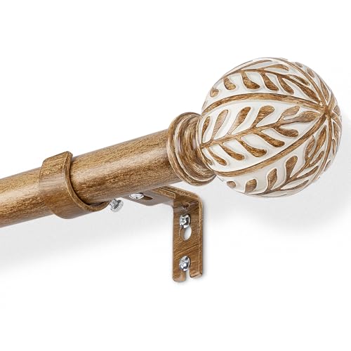 DEFYNEE Tringle à rideaux extensible de 76 à 219 cm, noyau en métal de 25 mm avec effet bois, embouts motif feuilles pour fenêtres et portes, marron café
