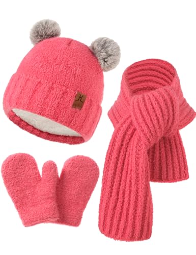 Image of Kids Hat Scarf Gloves Set Girl Ages 3-5 4-6, Toddler Winter Fleece Lined Beanie Hats Mittens 2t Boys Baby 6-12 9 12-18 Months