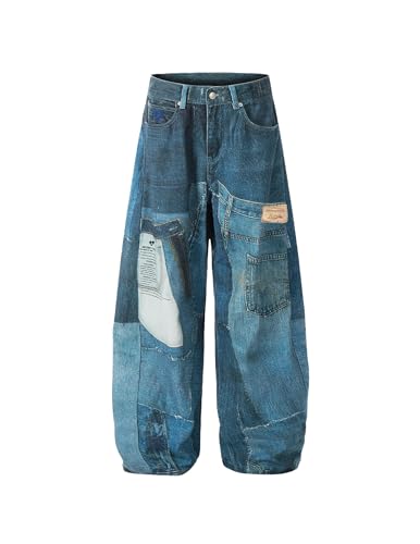 Aelfric Eden Mens Baggy Barrel Jeans Mens 3D Print Wide Leg Jeans Y2k Hip Hop Streetwear Denim Pants