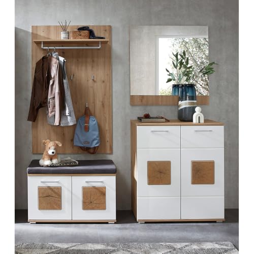 Lomadox Garderoben-Set 4-teilig in braun mit weiß | Flurgarderobe in Eiche mit weiß Hochglanz | Garderobenpaneel, Flurbank, Schuhschrank, Spiegel Lomadox Garderoben-Set 4-teilig in braun mit weiß | Flurgarderobe in Eiche mit weiß Hochglanz | Garderobenpaneel, Flurbank, Schuhschrank, Spiegel