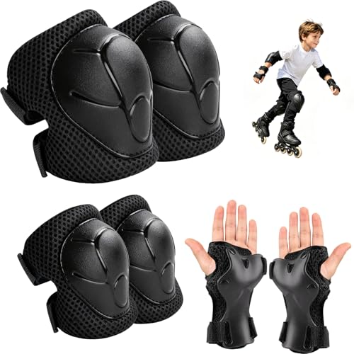 Protecciones Patines Niño 6 en 1, Set Rodilleras Coderas y Muñequeras Ajustables, Equipo de Protección Infantil para Patines en Línea Monopatín Bicicleta Ciclismo Skate Protector, Negro