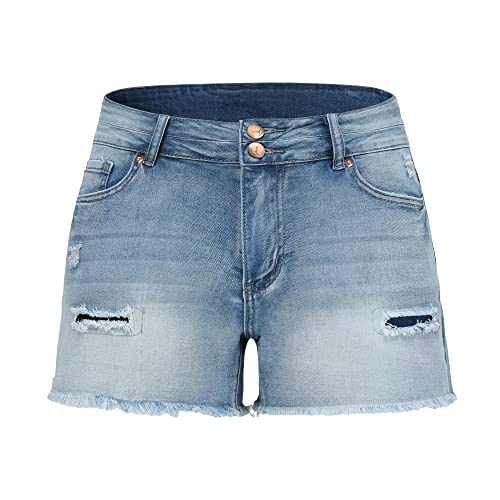 Image of THUNDER STAR Women Mid Rise Ripped Stretchy Jeans Shorts Frayed Raw Hem Casual Denim Shorts