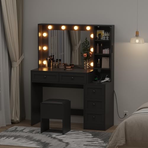 GarveeHome Makeup Vanity Desk and Stool, Vanity Desk with Lights & Charging Station, Drawers and Hidden Storage Shelves