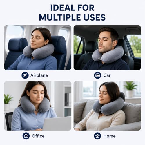 Image of Restify Premium Memory Foam Travel Neck Pillow | Soft Velvet U Shape Neck Support Cushion for Flight, Airplane, Car & Office Travel | Portable Pillow for Men & Women | Grey