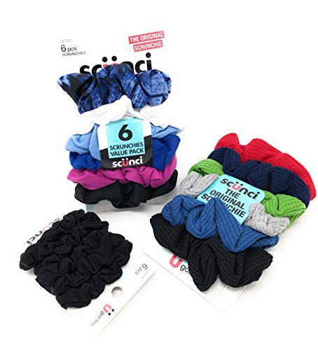 Scunci The Original Hair Scrunchies Set - Thermal Twisters (6 pcs, Assorted Colors), No Damage Interlock Scrunchies (6 pcs, Assorted Patterns), and Mini Slinky Twisters (6 pcs, Black)