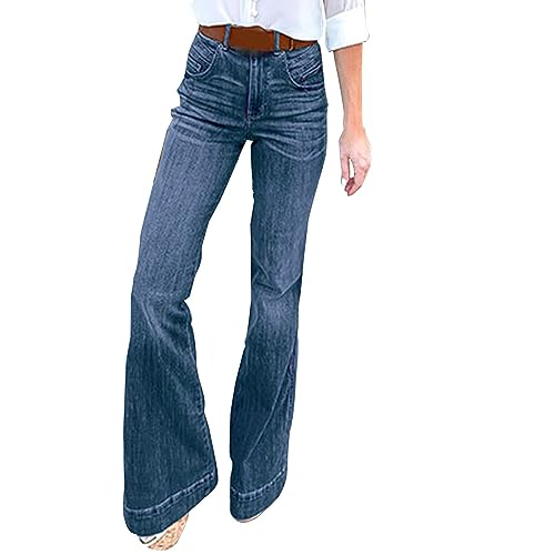 Women's Flare Jeans Casual Mid Rise Bell Bottom Pants Classic Fitted Distressed Bootcut Denim Pant Jeans with Pockets