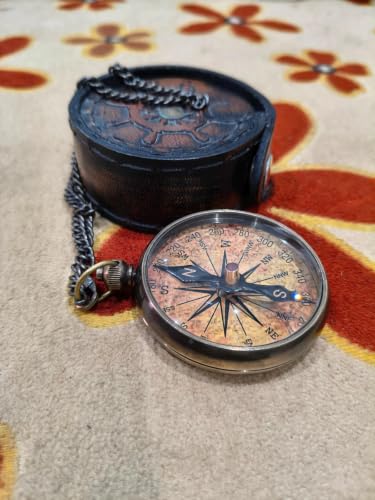 Brújula Vintage de Bolsillo de Latón con Estuche de Cuero miniatura 3