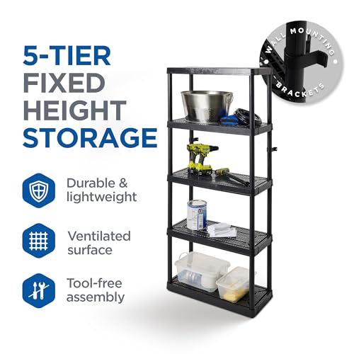 Image of Gracious Living 5 Shelf Fixed Height Ventilated Medium Duty Storage Unit Organizer System for Home, Garage, Basement, and Laundry, Black (2 Pack)