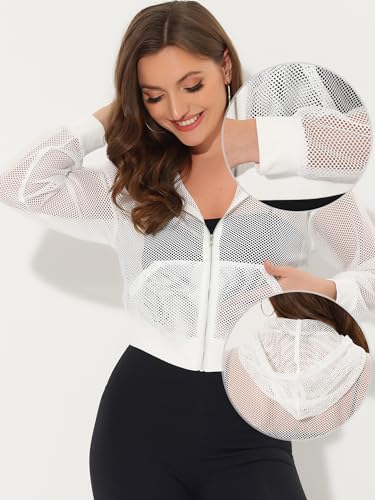 Allegra K Hoodie Jacket for Women's Zip Up Cropped Mesh Jackets Workout Long Sleeve Sheer Bomber Jacket2