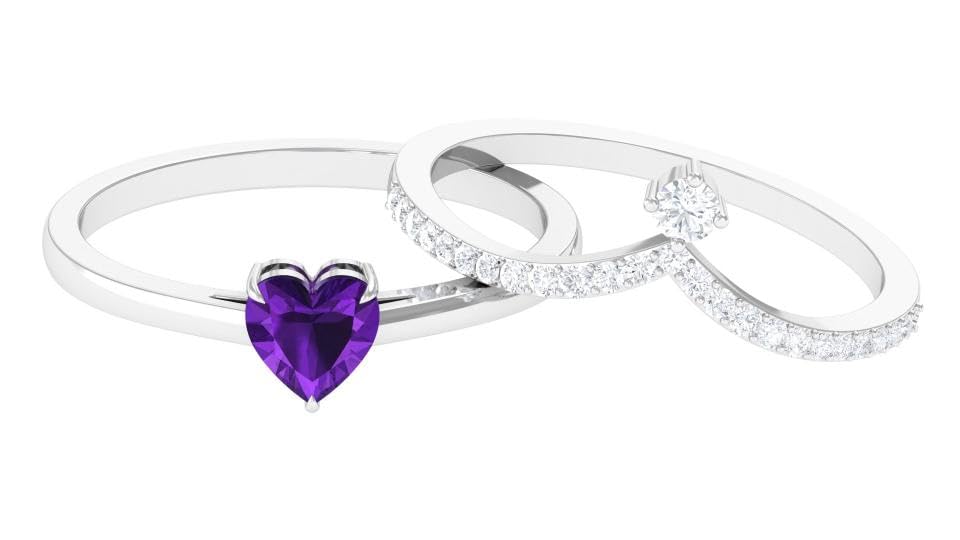 Amethyst 0.9 ctw Heart Stackable Dual Ring Set 925 Sterling Silver Wedding, Engagement Ring for Women Graduation Gift