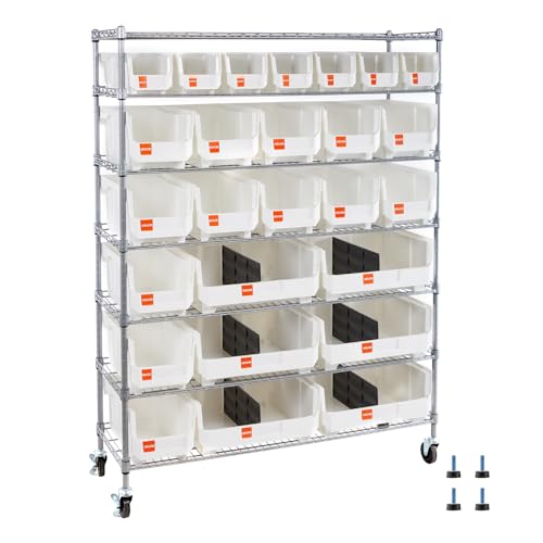 Image of VEVOR 7-Tier Rolling Bin Storage Rack, 26 Organizer Bins, Bin Rack Storage Steel Wire Shelving System with Wheels, Mobile Tool Organizer for Garage, Warehouse, Office, Restaurant, Kitchen, Classroom