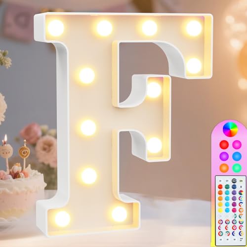 Image of Pooqla Colorful Light Up Letters with Remote, Upgraded 35 Colors LED Marquee Letters, RGB Lighted Letter for Girls Teenager Gift, Birthday, Party, Wedding, Night Light, Room, Bedroom Decor, Letter F