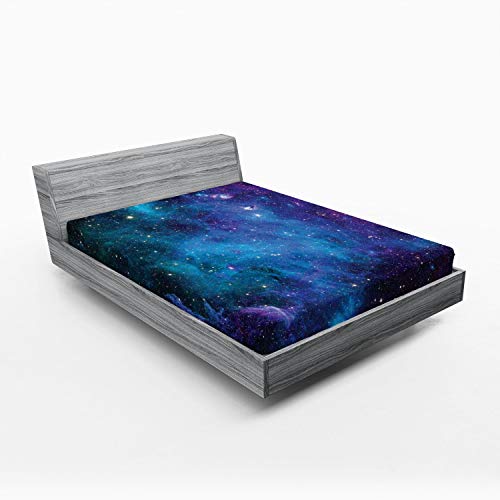 Ambesonne Outer Space Fitted Sheet, Galaxy Stars in Space Celestial Astronomic Planets in The Universe Milky Way, Bed Cover with All-Round Elastic Pocket for Comfort, California King, Navy Blue