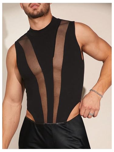 WDIRARA Men's Sheer Mesh Bodysuit See Through Sleeveless Mock Neck Shapewear Leotard3