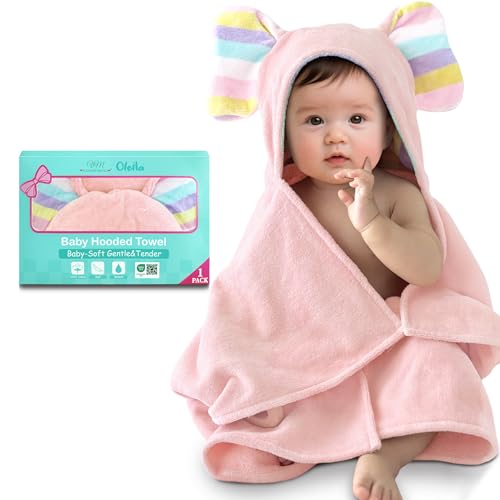 Image of VOOVA & MOVAS Baby Hooded Bath Towel - 100% Cotton,500GSM, 33x31.5 Inches,0-18Months,Super Absorbent Large Towel with Cute Elephant Ears Hood for Newborn, Baby, Infant, Baby Essentials,Pink