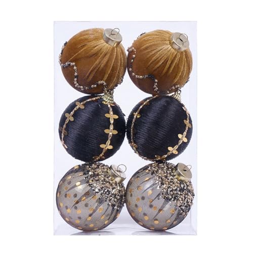 Homeponnew 6 bolas de terciopelo y espuma, 8 cm de diámetro, para decoración festiva de árboles, paredes y fiestas, color negro y dorado