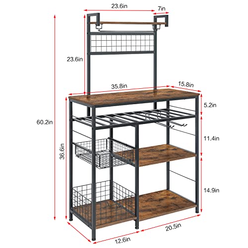 Honkazita Farmhouse Coffee Bar Cabinet - 47" Sideboard Buffet Cabinet With 10 Hooks And Removable Sliding Storage Basket - Ideal For Kitchen& Dining&Living Room - Rustic Brown #TOP2