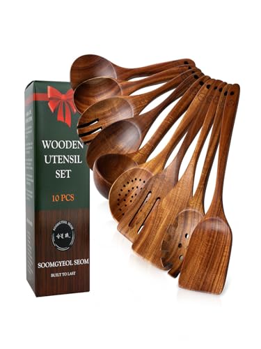Natural Teak Wood Kitchen Utensil Set - 10 Piece Non-Stick