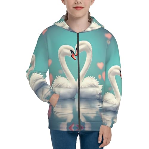 The swan in love Print Girls Athletic Zip Up Hoodies,Sweatshirts with Pockets Long Sleeve Hooded Jackets, for 7-18 Y2