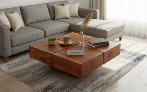 Image of Sheeshsam Wooden Coffee Center Table - Solid Wooden Coffee Table for Living Room - Tea Table Teapoy Center Piece for Home Sofa Center Table for Living Room (Honey, Noah)