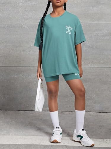 Image of OYOANGLE Girl's 2 Piece Outfits Letter Graphic Print Short Sleeve Tee Top and Biker Shorts Tracksuit Workout Set