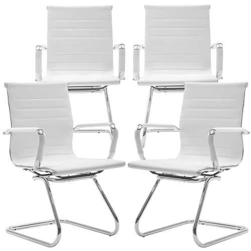 Image of Conference Room Chairs Set of 4, Waiting Room Chairs with Arms, Faux Leather Reception Chairs No Wheels, Office Guest Chairs with Mid Back Support and Chrome Sled Base, WhiteWhite