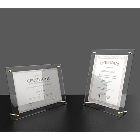 Exasinine 2 Pcs Acrylic Picture Frames with Metal Stand File Certificate Holder Desktop Display for Document Certificate Poster Cover