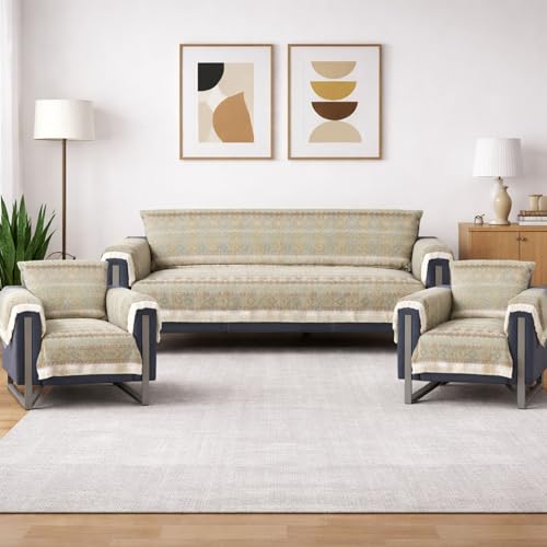 Image of Elegant Woven Green Sofa Cover Soft Chenille Traditional Pattern with Lace Style | L-Shape Sectional Seat Protector for Living Room | Durable & Stylish Slipcover 5 Seater with Arms