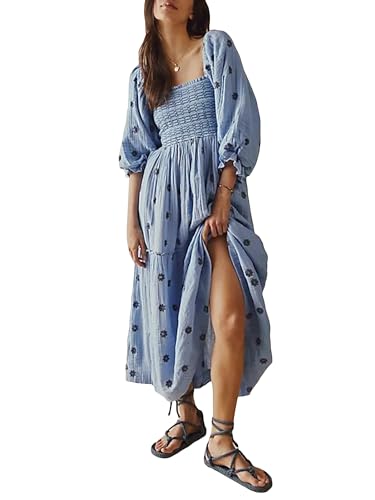 Image of Acrawnni Women's Flower Embroidered Maxi Dress Long Puff Sleeve Square Neck Smocked Tiered Bohemian Flowy Dress Beach Long Dress (B-Sky Blue, M)