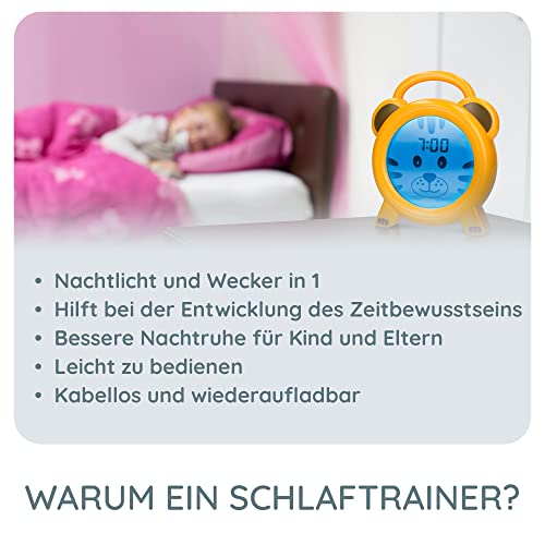 Alecto BC100TIGER - Pädagogischer Wecker Kinder - Schlaftrainer & Nachtlicht Kinder - Lernen von Schlafen und Aufwachen mit LED Kinderwecker - Gelb